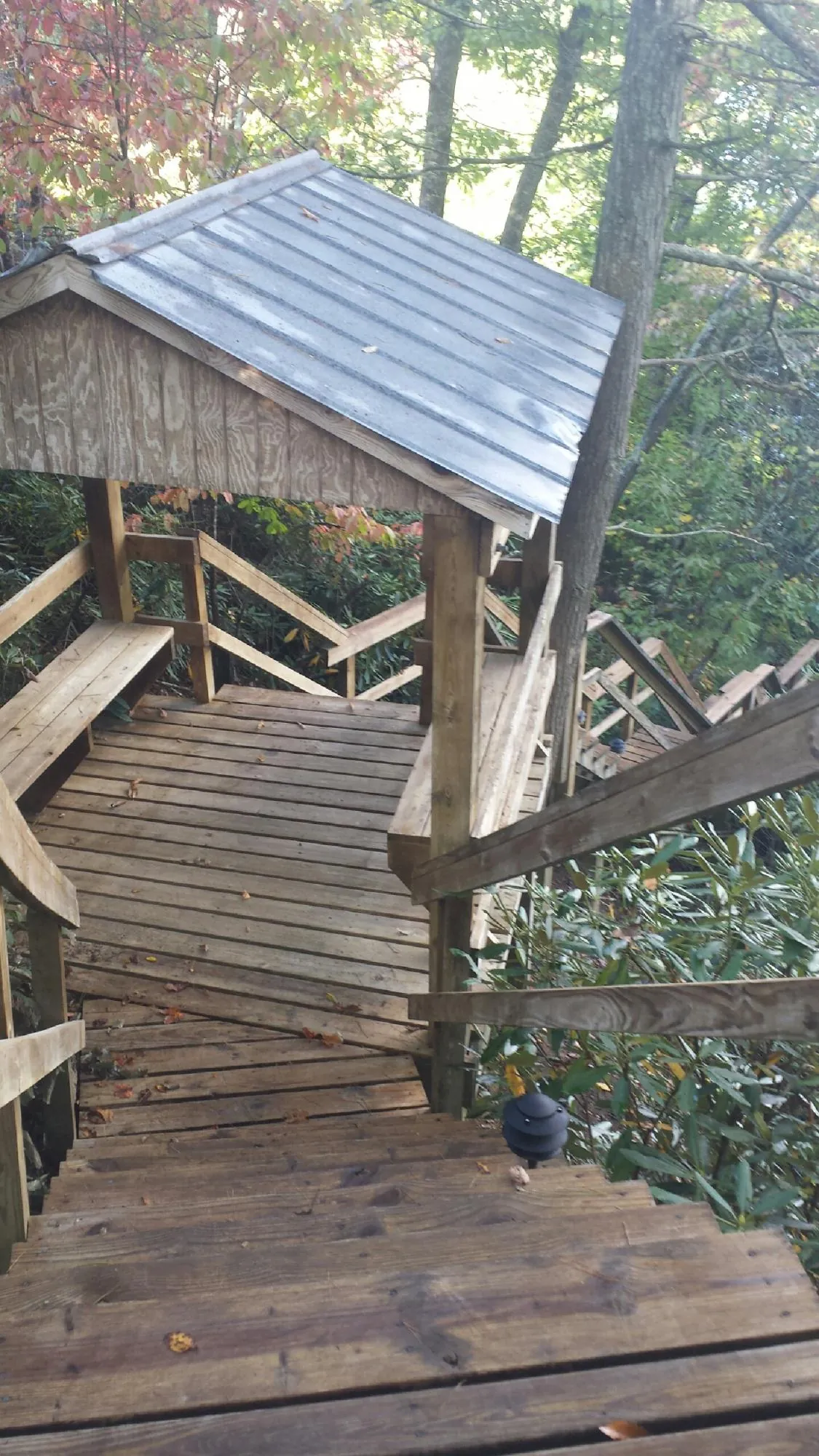 Metal roofed shelter over wooden steps on a wooded walkway — Skylight Repair & Installation work by our crew in Darden
